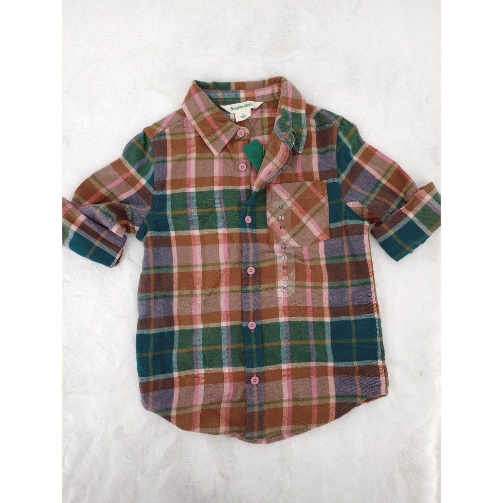 Bass Pro Shops Flannel Shirt Kids XS Girls Multicolor Plaid Cotton Button Down
